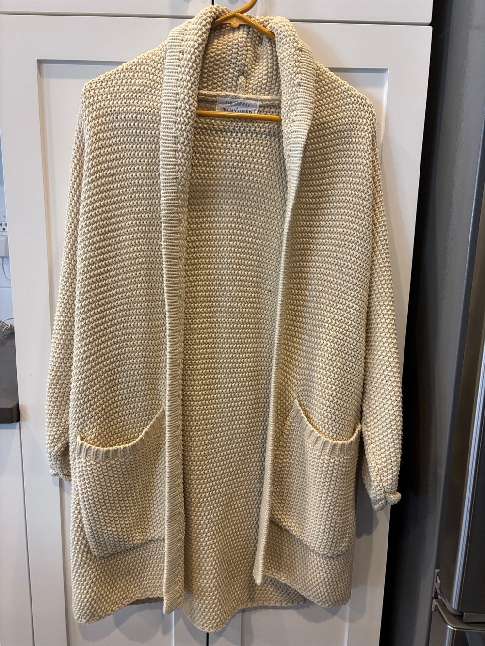 Jillian Harris Open-Front Shawl Collar Cardigan in Cream